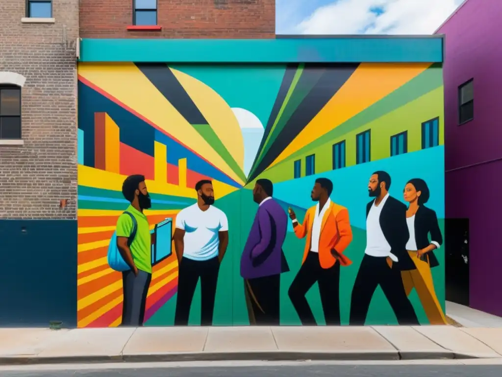 Vibrante mural urbano donde artistas negocian derechos de autor, reflejando tensión y colaboración