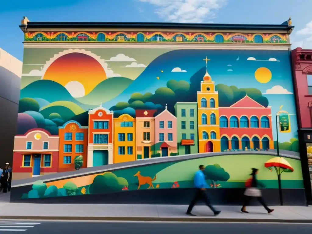 Vibrante mural urbano detallado en alta resolución, reflejando la cultura local