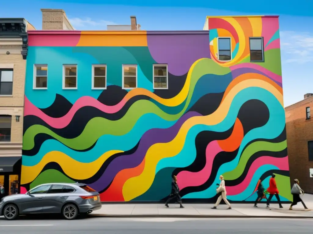 Vibrante mural urbano en edificio de la ciudad con formas abstractas, colores dinámicos y movimiento