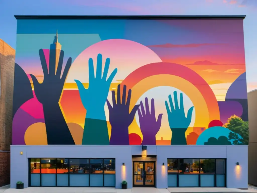 Vibrante mural urbano con formas geométricas y colores cautivadores, representando la unidad de personas en espacios públicos límites
