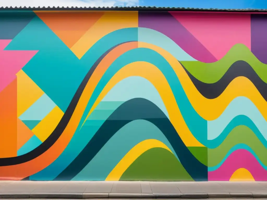 Vibrante mural urbano con patrones geométricos coloridos y paisajes urbanos, capturando la esencia del arte urbano contemporáneo