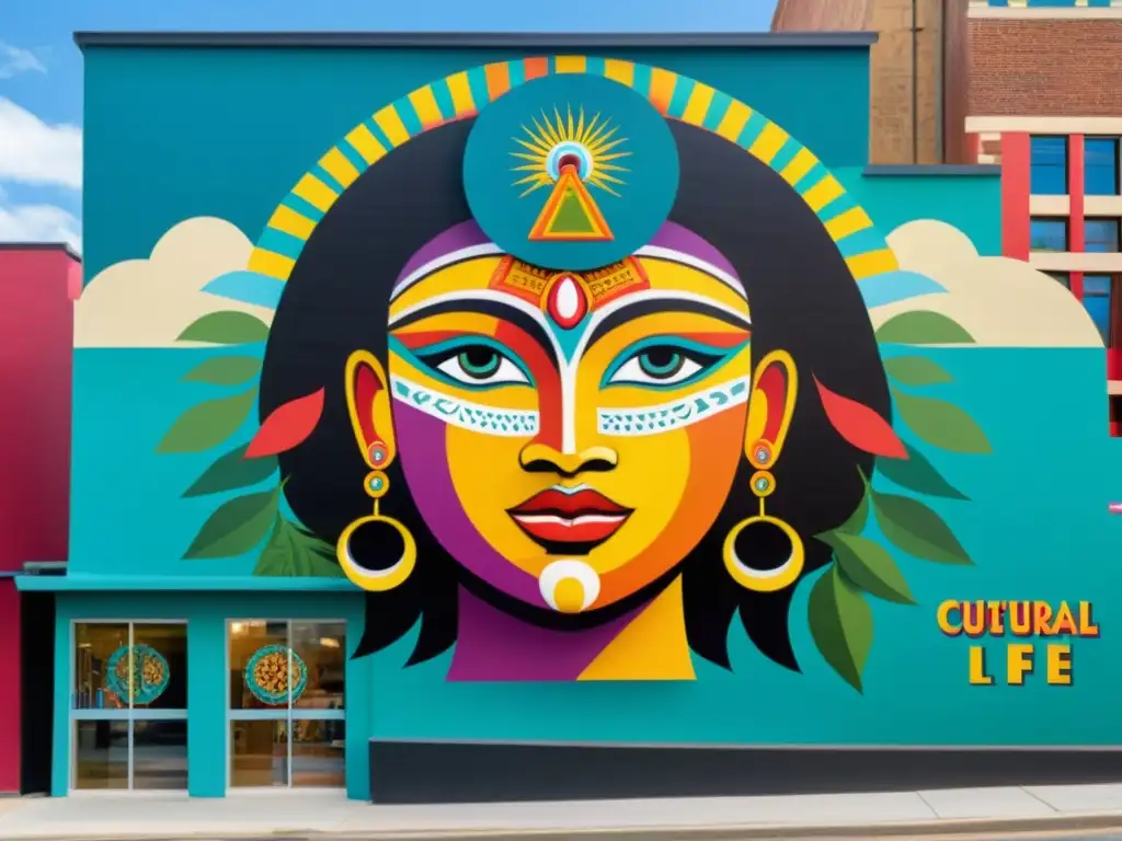 Un vibrante mural urbano con símbolos culturales y detalles impactantes