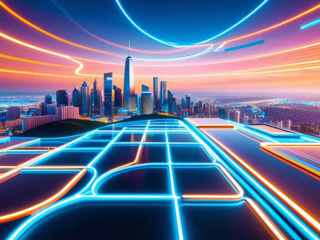 Vibrante paisaje digital futurista con una ciudad moderna de fondo, simbolizando la protección de marca en la era digital