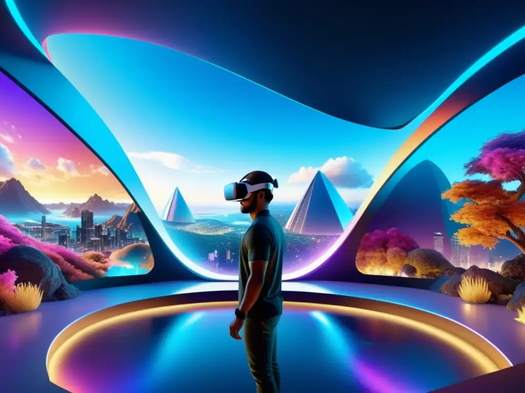 Vibrante paisaje de realidad virtual con edificios futuristas y avatares, mostrando la propiedad intelectual en entornos virtuales