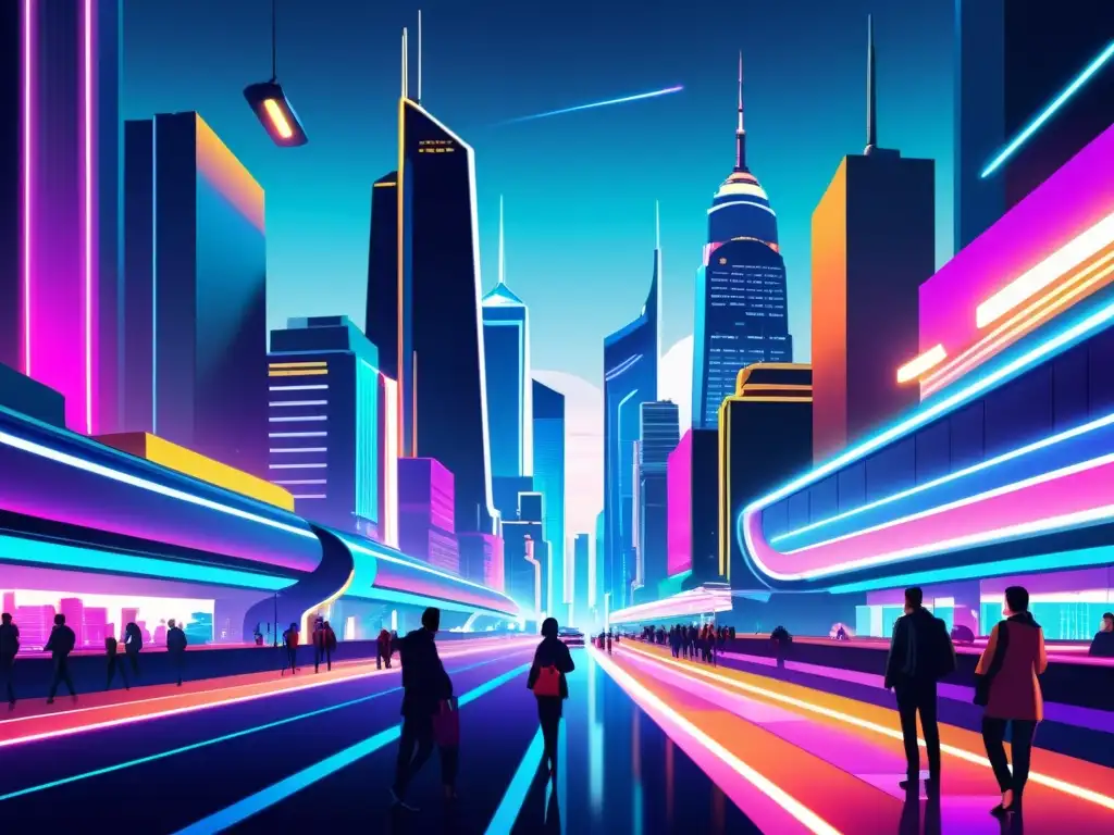 Un vibrante paisaje urbano futurista con rascacielos brillantes y luces de neón