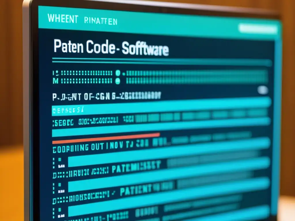 Vibrante ilustración de pantalla de computadora con código, documento de patente y lista de errores comunes al patentar software