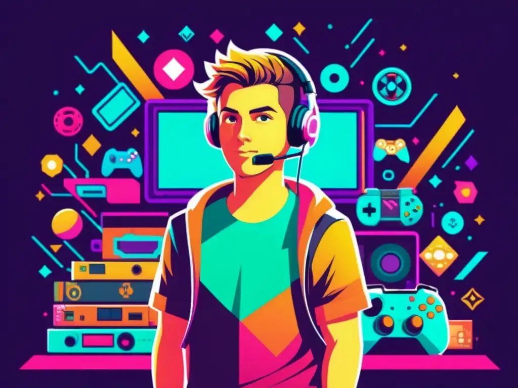 Un vibrante ilustración de un personaje de videojuego frente a consolas y controles, reflejando la emoción y creatividad de la industria