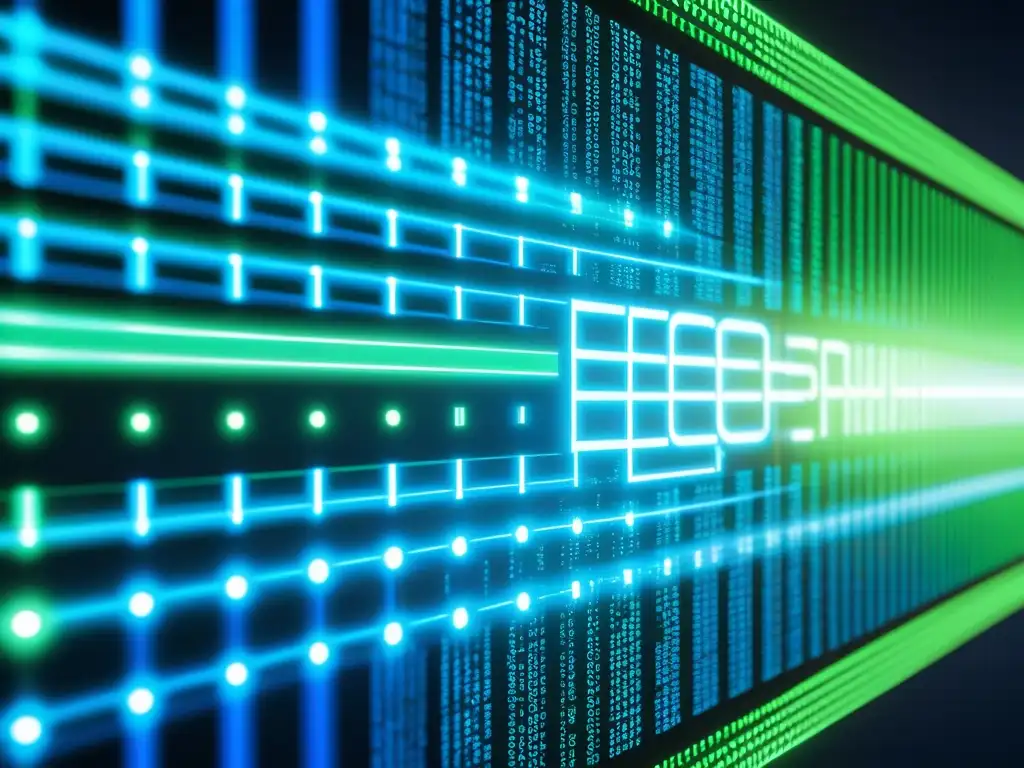 Vibrante proyección de código de encriptación futurista en azul eléctrico y verde, resaltando la importancia de la encriptación de datos