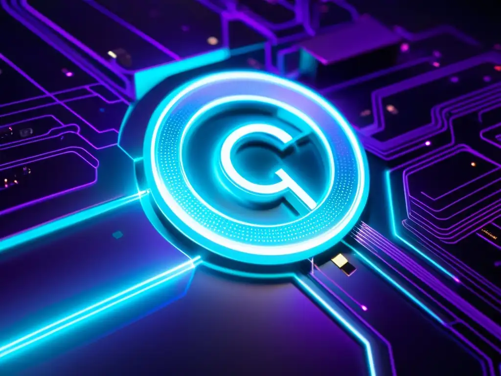 Vibrante símbolo de copyright futurista sobre compleja red de circuitos digitales