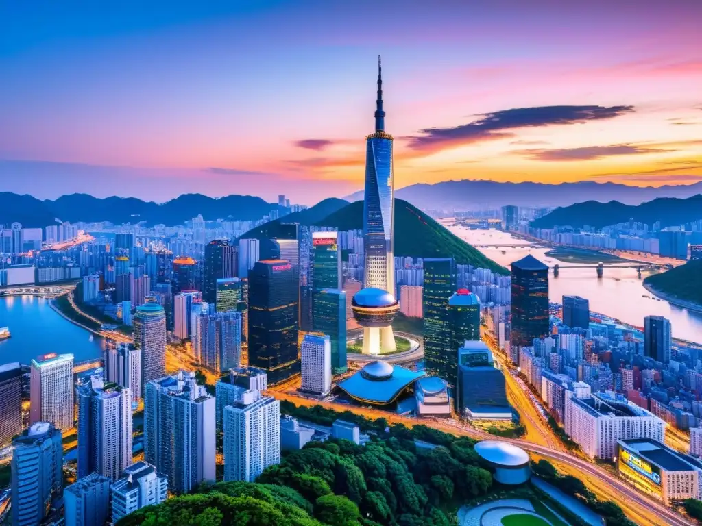 Vibrante skyline de Seúl al atardecer, reflejando el desarrollo económico y la propiedad intelectual en Corea del Sur