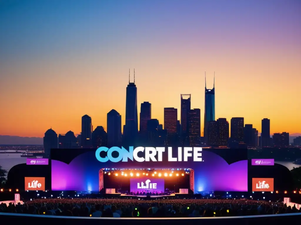 Vibrante skyline de ciudad al anochecer con escenarios iluminados y logos de marcas, destacando la protección legal de branding en eventos en vivo