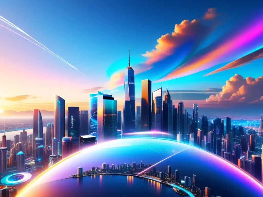 Vibrante skyline futurista con desafíos propiedad intelectual era digital
