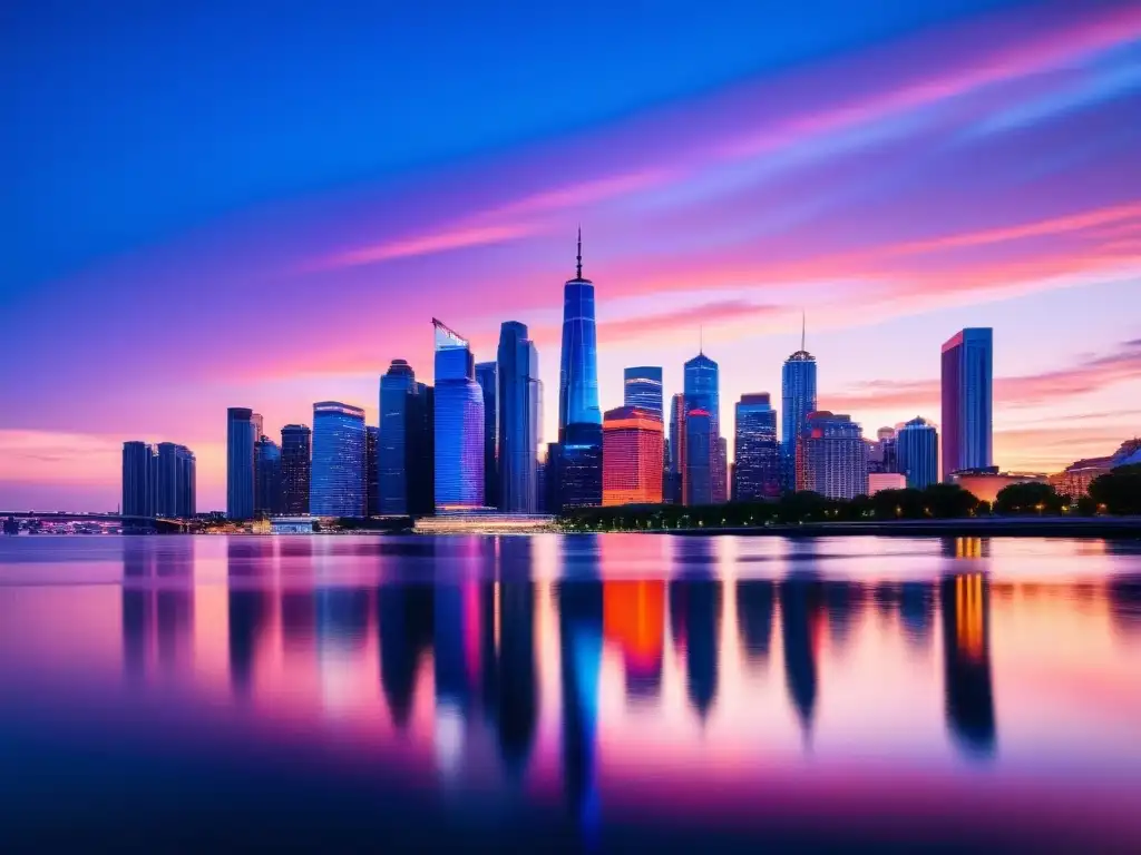 Vibrante skyline urbano al atardecer con rascacielos iluminados y reflejados en el río