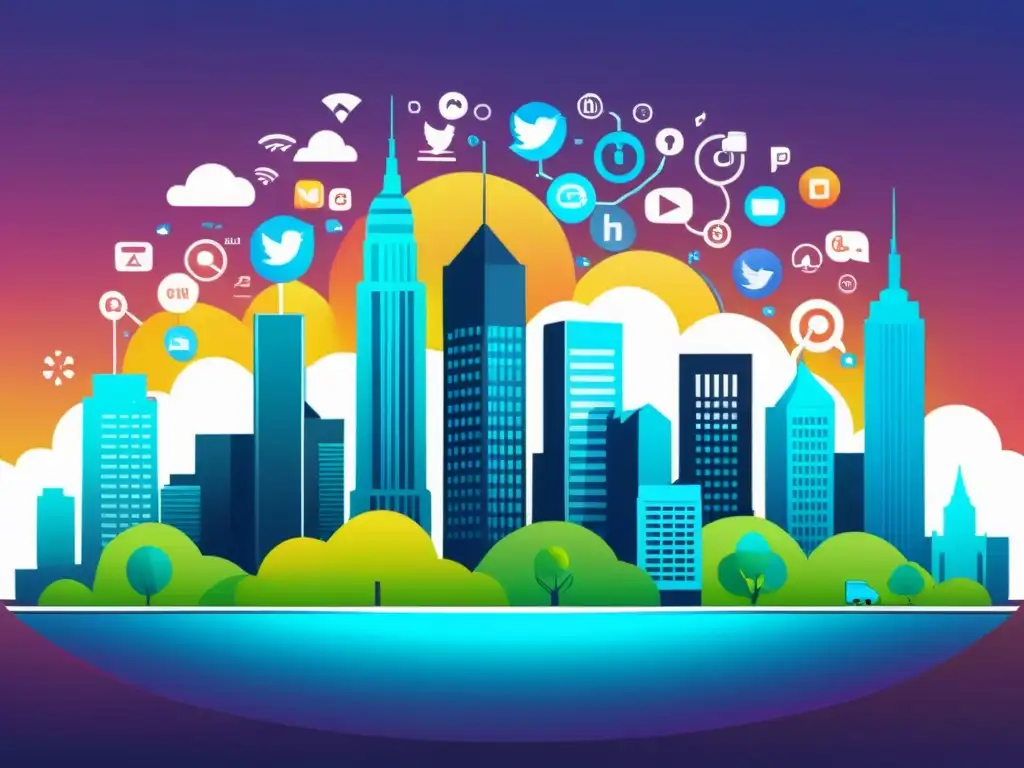 Vibrante skyline urbano con iconos de redes sociales integrados, reflejando la importancia de los derechos de autor en redes sociales