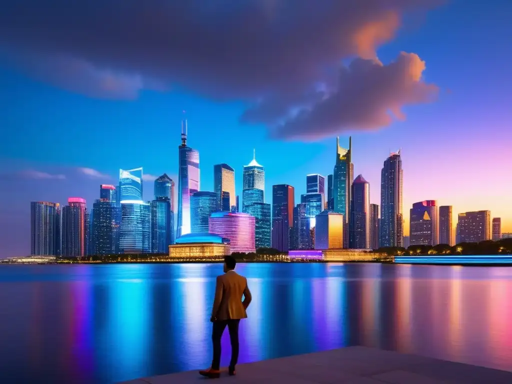 Vibrante skyline urbano al anochecer, con rascacielos modernos y luces de neón reflejándose en el agua, representando la interconexión global e innovación de los mercados de negociar licencias propiedad intelectual extranjeras