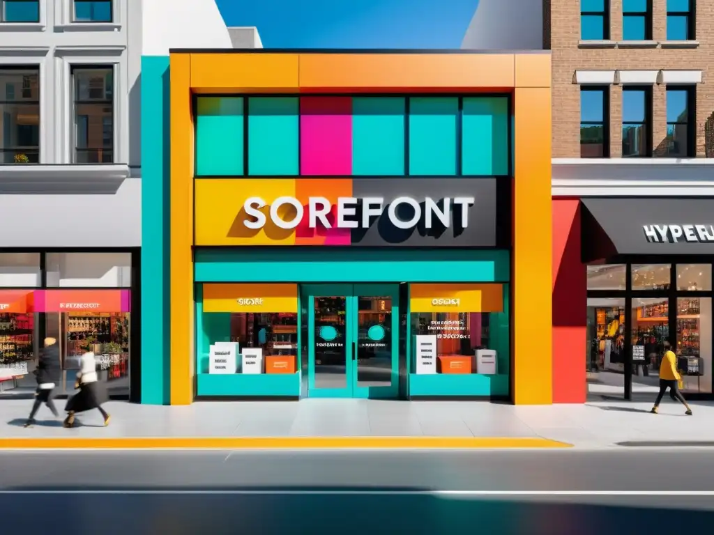 Vibrante tienda urbana con diseño geométrico, tipografía audaz y colores llamativos