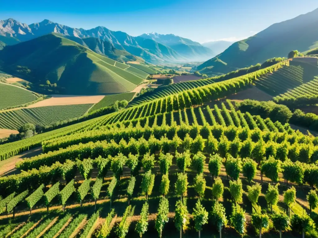 Vibrantes viñedos en un valle pintoresco, con el sol proyectando sombras largas sobre las hileras de uvas