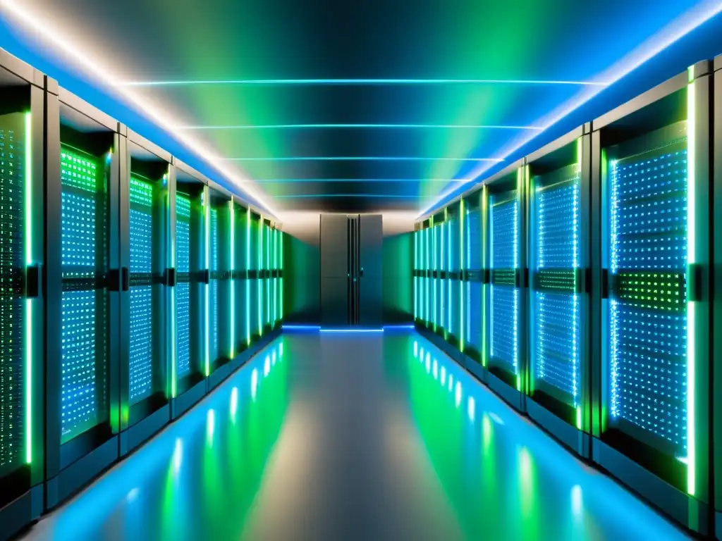 Centro de datos de alta tecnología: seguridad y sofisticación Vínculo entre seguridad informática y secretos empresariales: Imagen de data center moderno y futurista, con filas de servidores organizados y luces LED azules y verdes