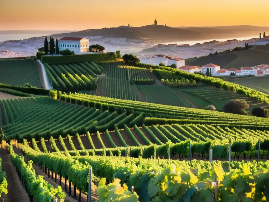 Viñedo en la región de Lisboa, con colinas verdes cubiertas de uvas