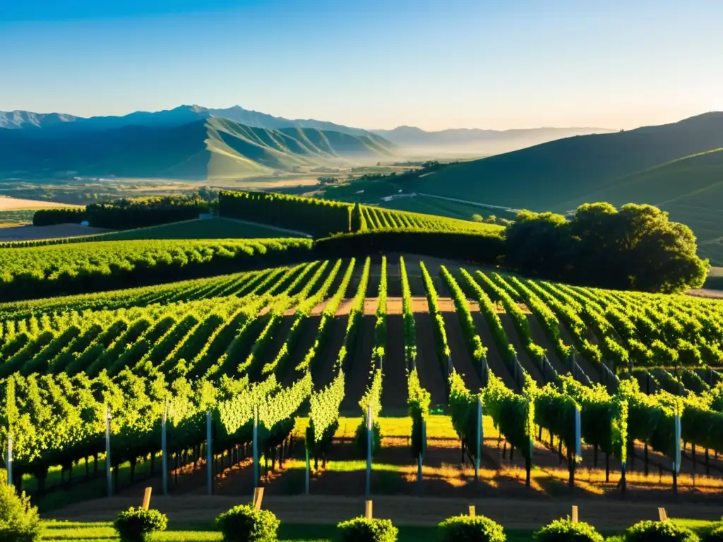 Viñedos extensos y moderna bodega entre montañas Vinedos verdes con bodega moderna y montañas al fondo - Desafíos protección denominaciones origen global