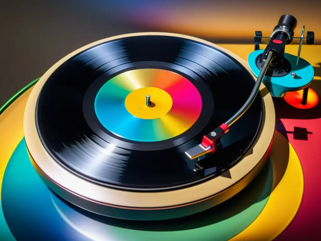 Un vinilo gira sobre un moderno tocadiscos, con arte colorido que representa la diversidad musical en plataformas digitales