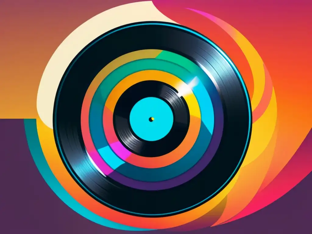 Un vinilo con surcos vibrantes y coloridos, rodeado de iconos de música y redes sociales