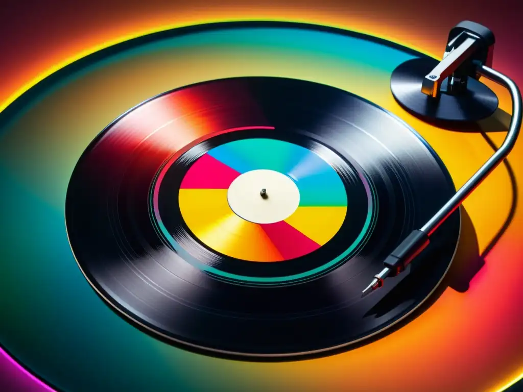 Un vinilo girando en un tocadiscos moderno con surcos vibrantes