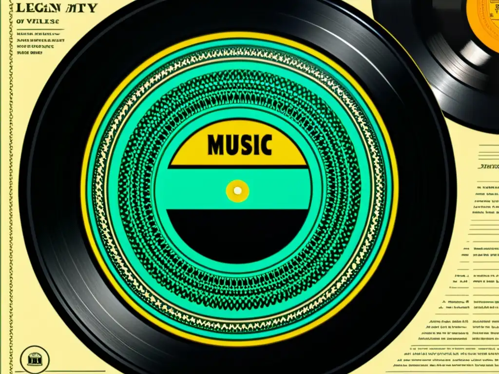 Un vinilo vintage detallado con un documento legal superpuesto que representa los derechos de autor en las portadas musicales