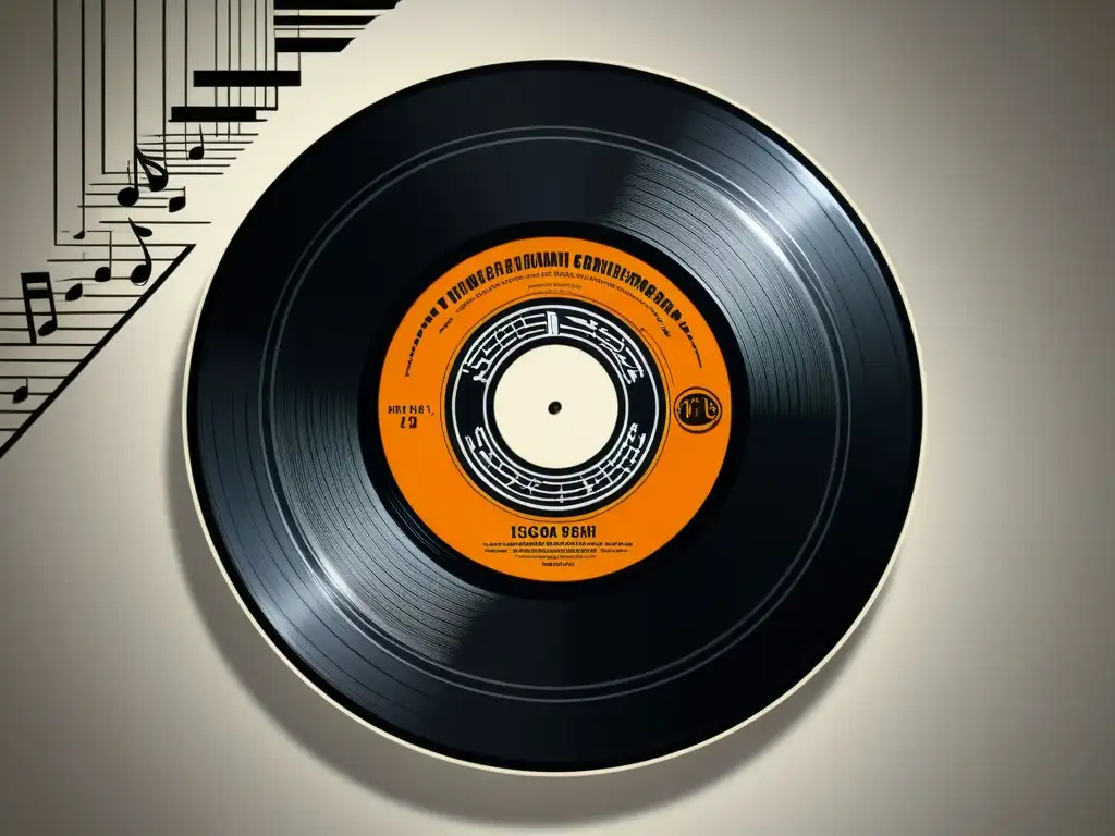 Un vinilo vintage con diseño contemporáneo de notas musicales, símbolos de copyright y documentos legales en surcos