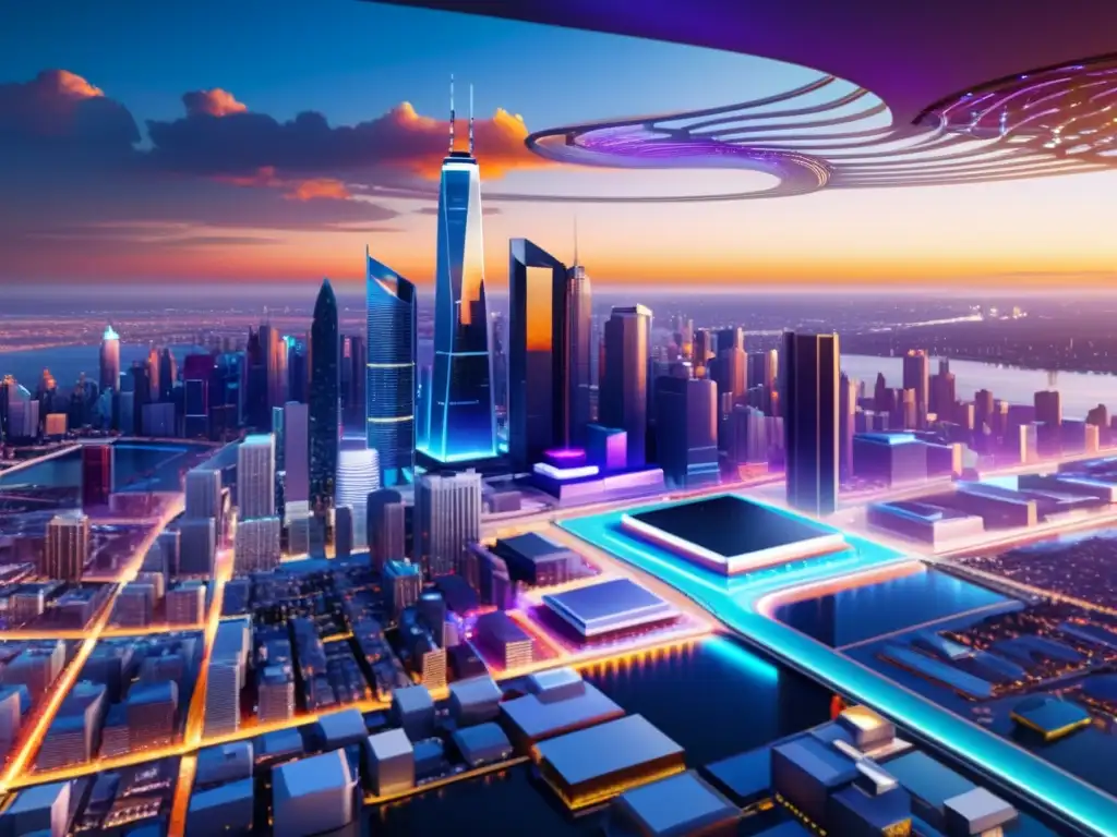 Una visión futurista de la ciudad, con rascacielos metálicos y brillantes, redes de transporte elevadas y un cielo iridiscente al atardecer