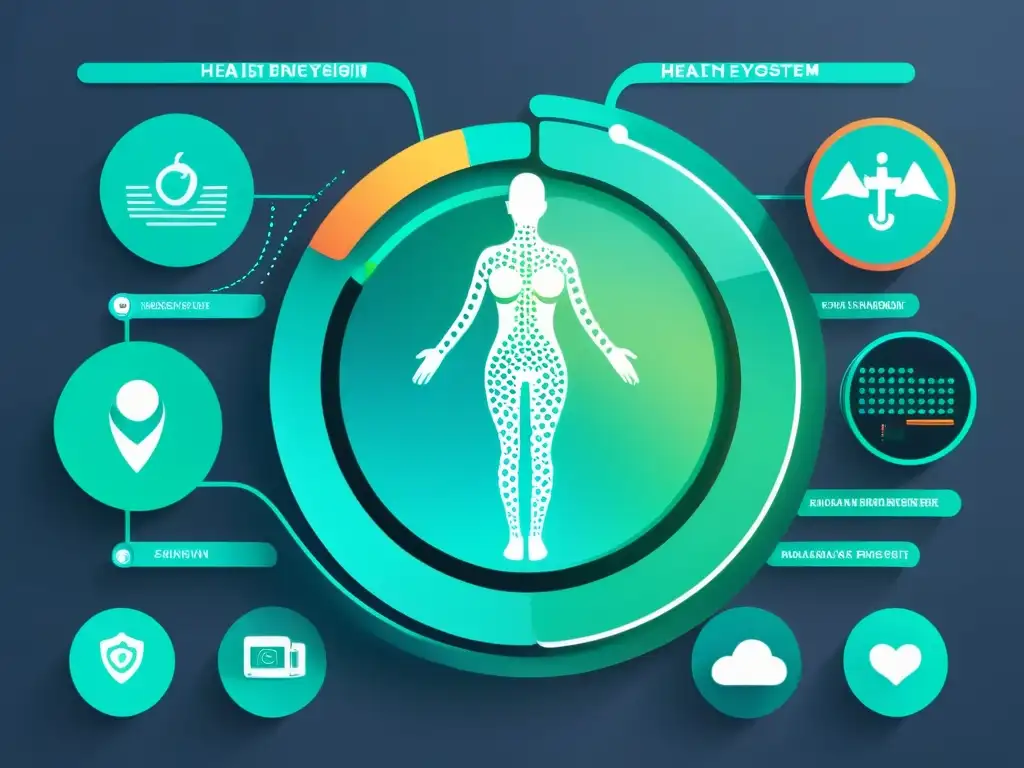 Una visión futurista de un ecosistema de salud digital, con dispositivos médicos interconectados y análisis de datos avanzados