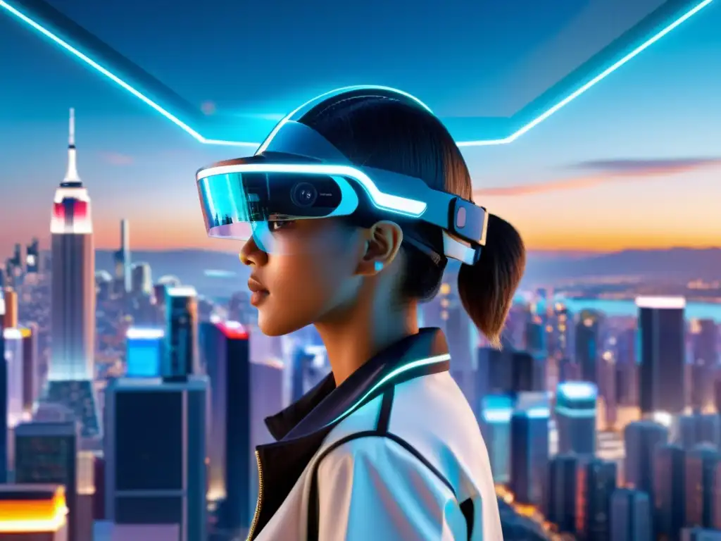 Una visión futurista de la protección de patentes en realidad aumentada, con tecnología de vanguardia integrada en la vida cotidiana de la ciudad