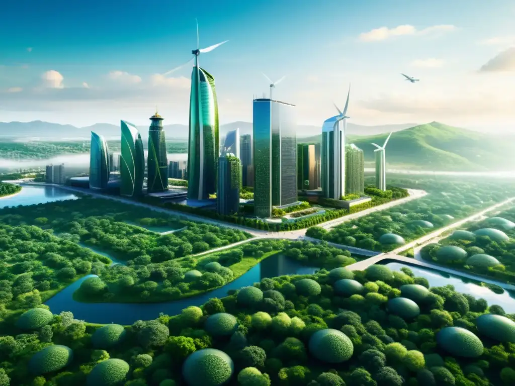 Una visión sostenible del futuro: rascacielos ecológicos, energía limpia y naturaleza