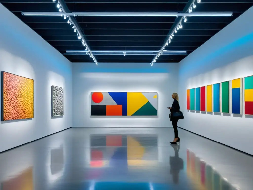 Visitantes admirando arte contemporáneo en una galería vibrante, con pinturas abstractas y esculturas