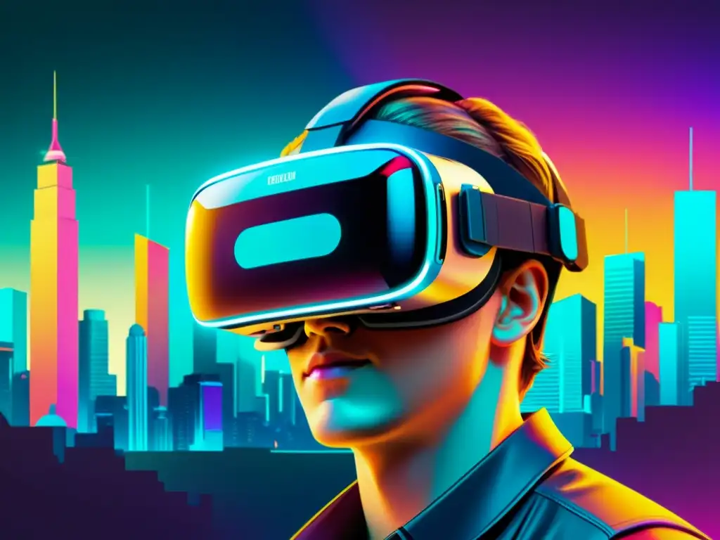Un visor de realidad virtual muestra una ciudad futurista, capturando la esencia de los desafíos legales en videojuegos de realidad aumentada