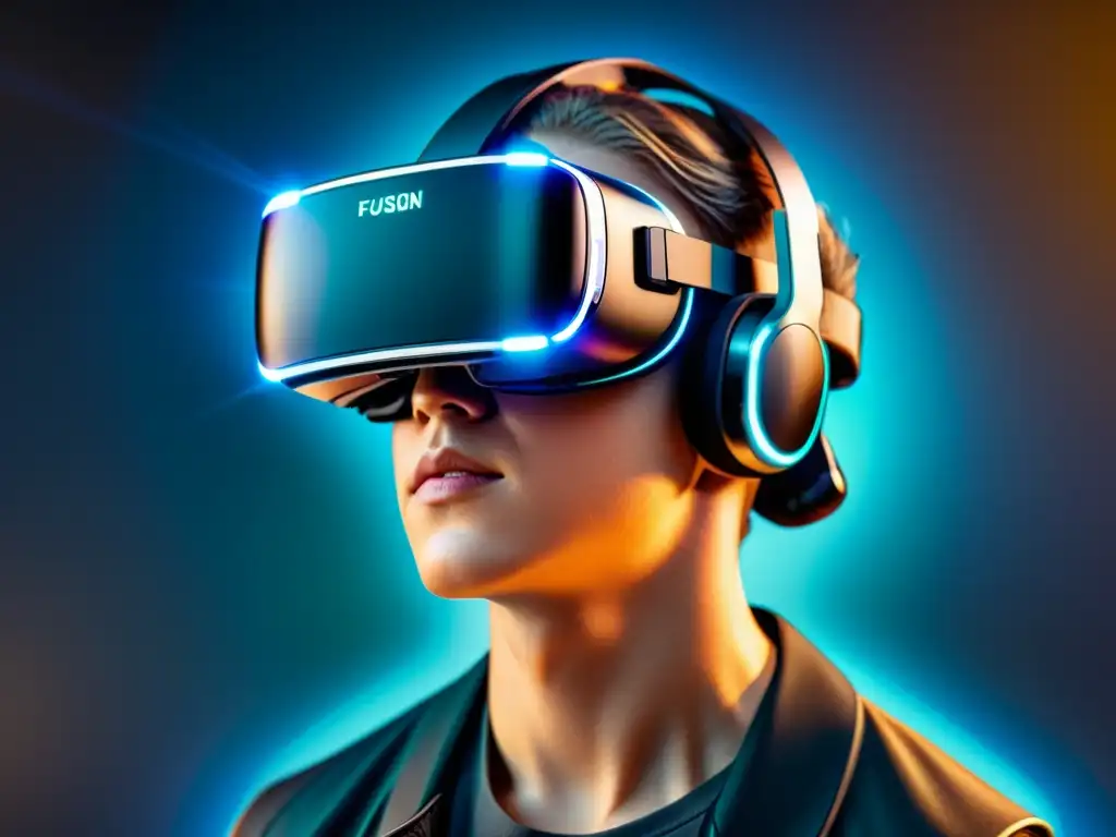 Un visor de realidad virtual futurista con detalles intrincados, fusionando literatura y videojuegos en una atmósfera vanguardista y envolvente