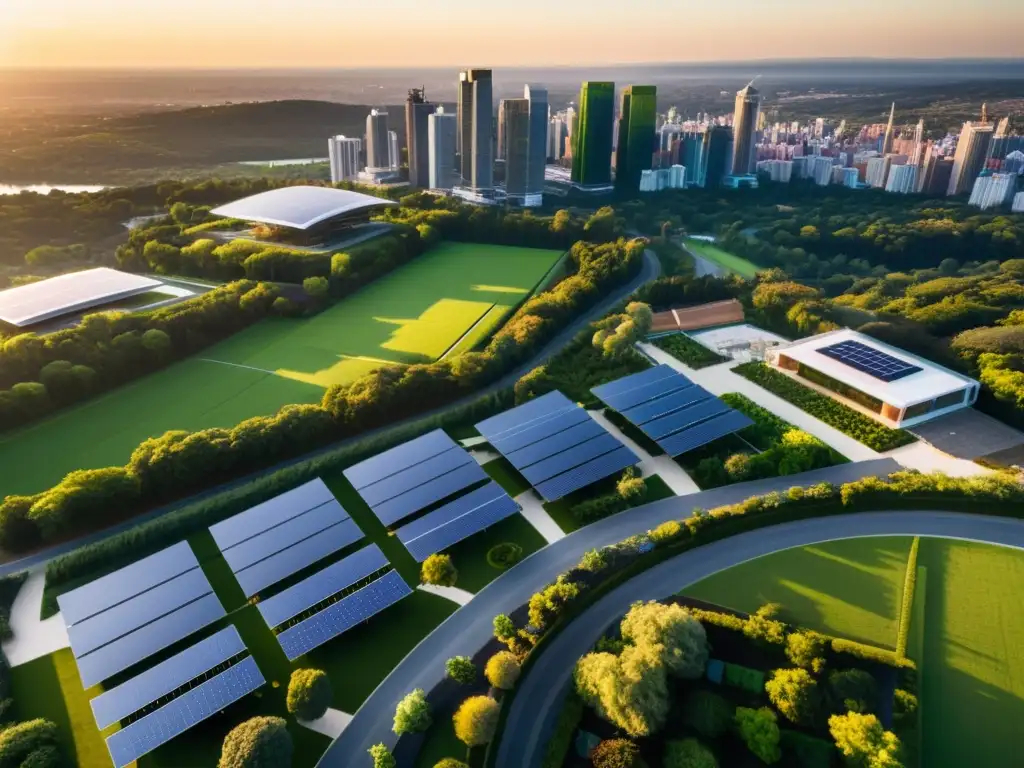 Vista aérea al atardecer de una ciudad moderna con edificios sostenibles y paneles solares, rodeada de exuberante vegetación