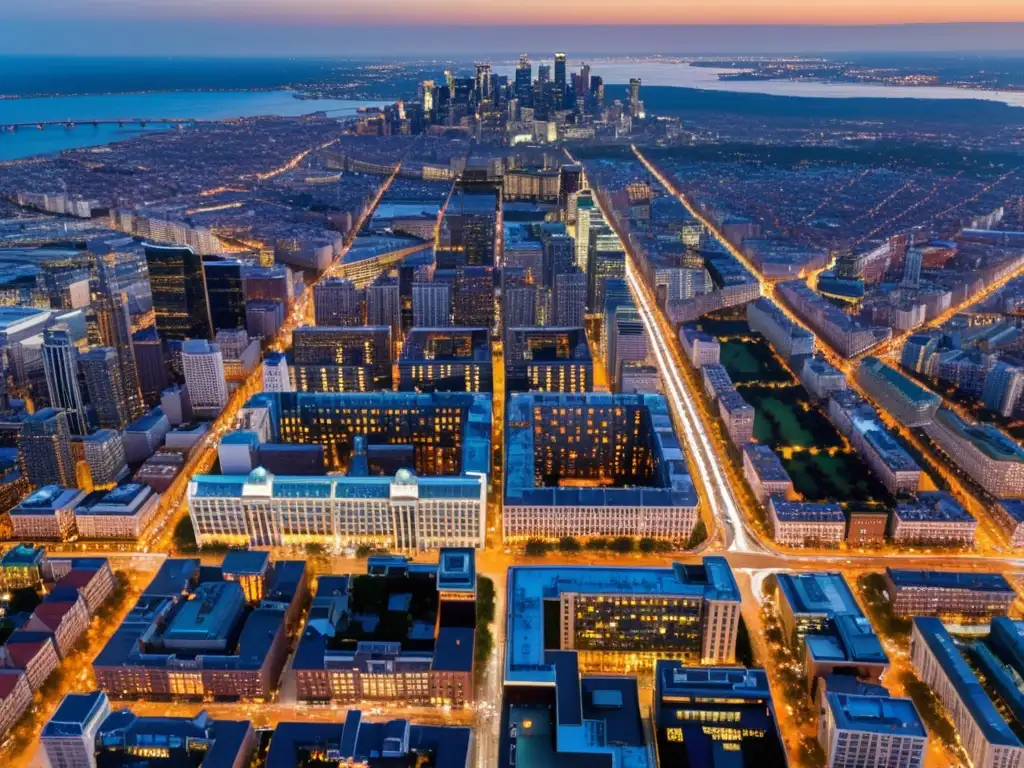 Vista aérea al anochecer de una bulliciosa ciudad con luces brillantes