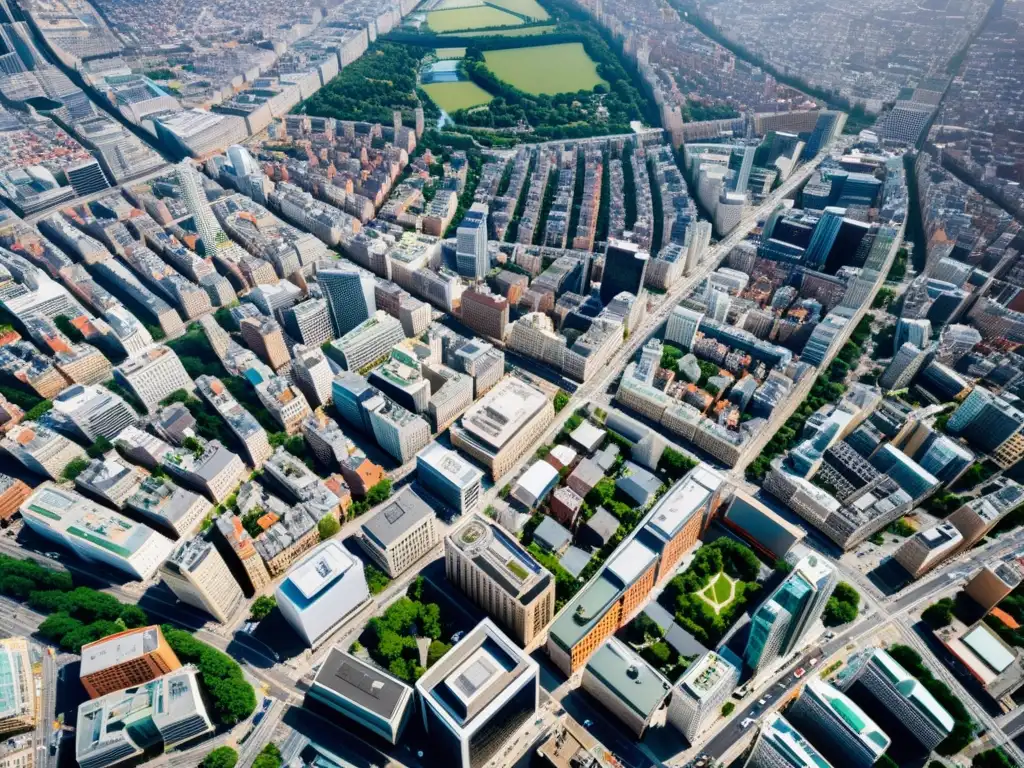 Vista aérea de una bulliciosa ciudad, destacando la importancia de la geolocalización para el posicionamiento de marca