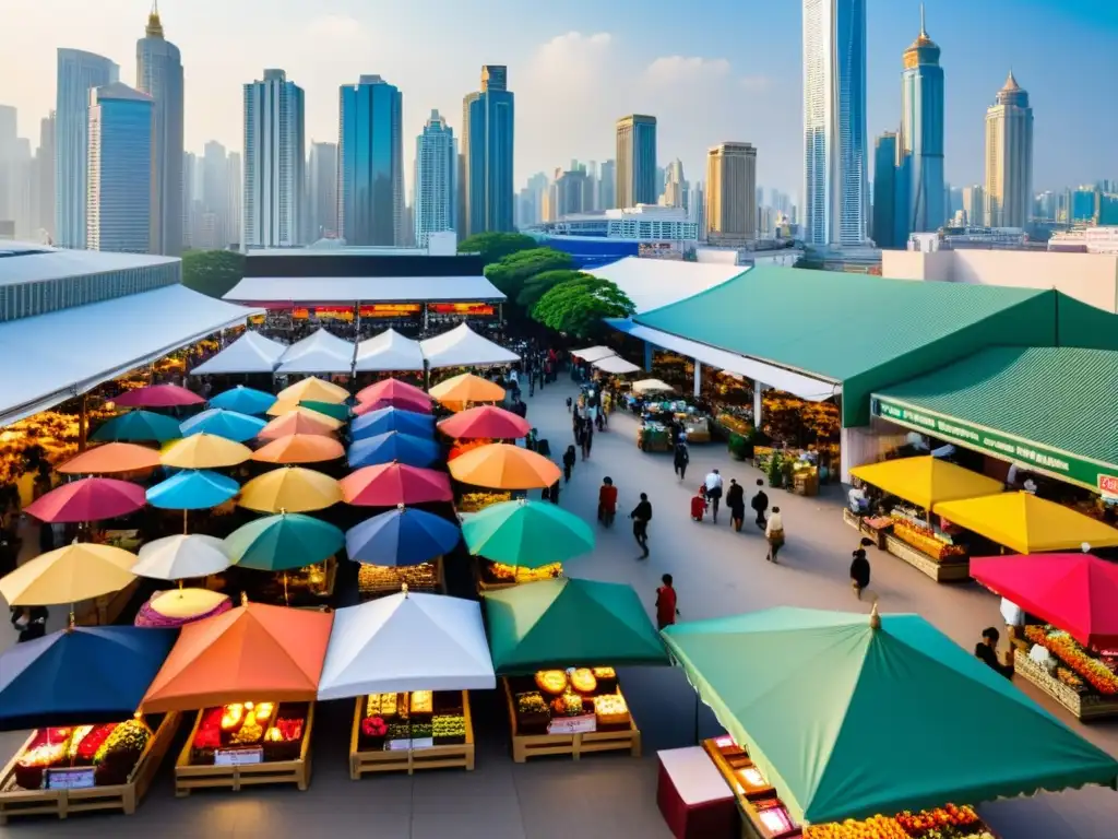 Vista aérea de un bullicioso mercado internacional con diversidad de tiendas y vendedores bajo coloridos paraguas
