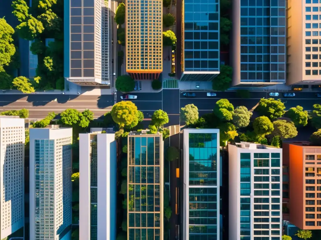 Una vista aérea cautivadora de una ciudad vibrante al atardecer, con calles y edificios enredados, el cálido resplandor del sol y el contraste entre desarrollo urbano y naturaleza