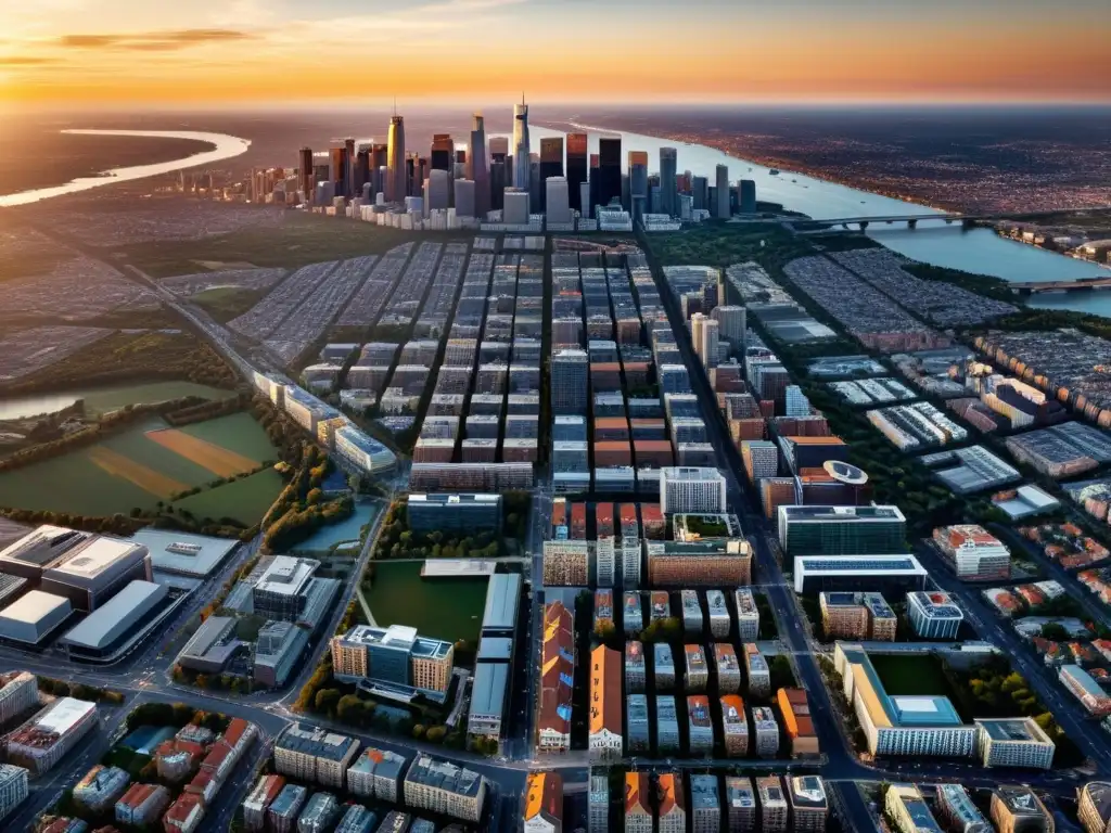 Vista aérea de la ciudad al atardecer, resaltando detalles urbanos