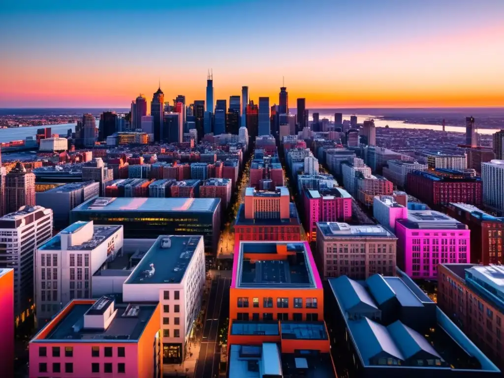 Vista aérea de la ciudad al atardecer, con tonos naranjas y rosas iluminando el horizonte, creando un contraste cautivador entre luz y sombra