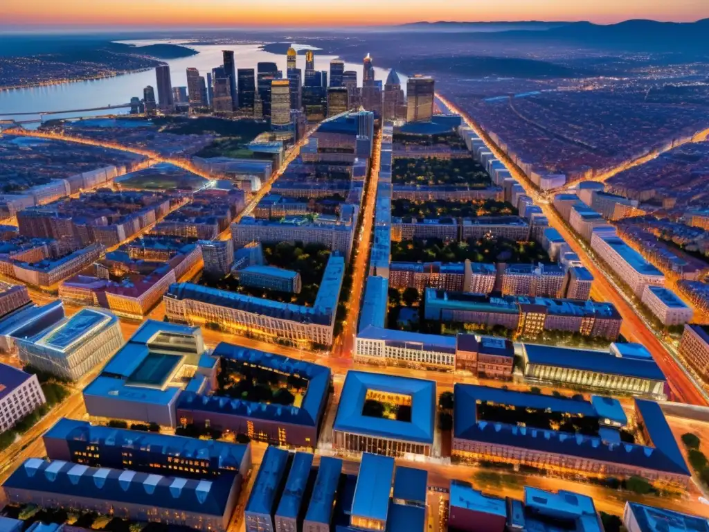 Vista aérea de la ciudad al atardecer, con calles iluminadas y moderna arquitectura