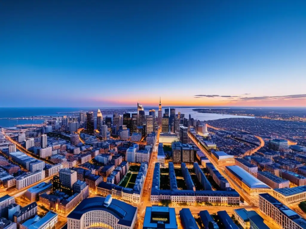 Vista aérea de la ciudad al atardecer desde un dron