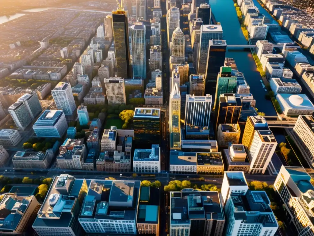 Vista aérea de la ciudad al atardecer, con luz dorada reflejada en los edificios