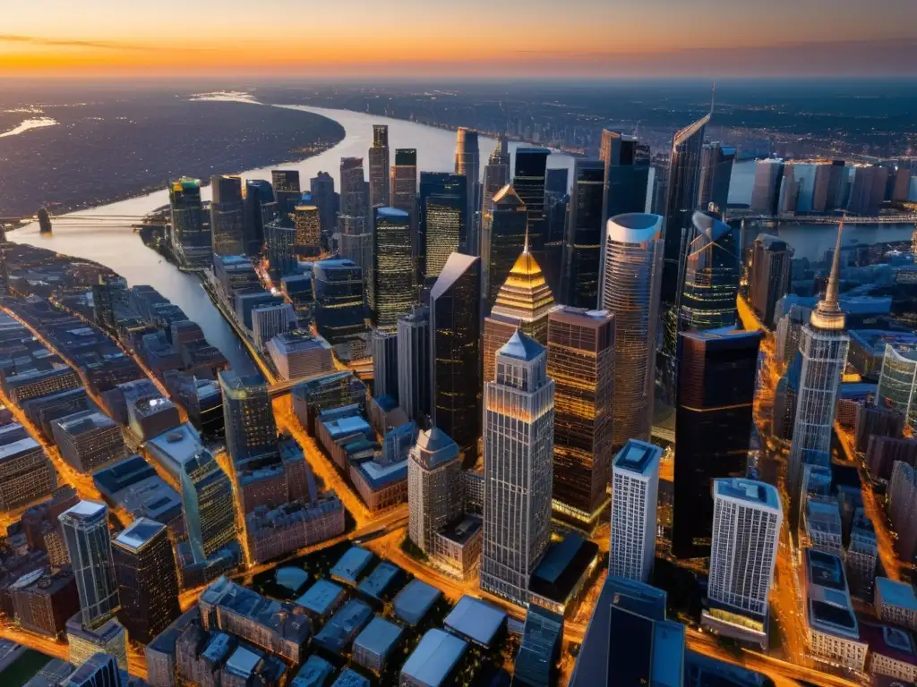 Vista aérea de una ciudad bulliciosa al atardecer, con rascacielos, ríos y luces