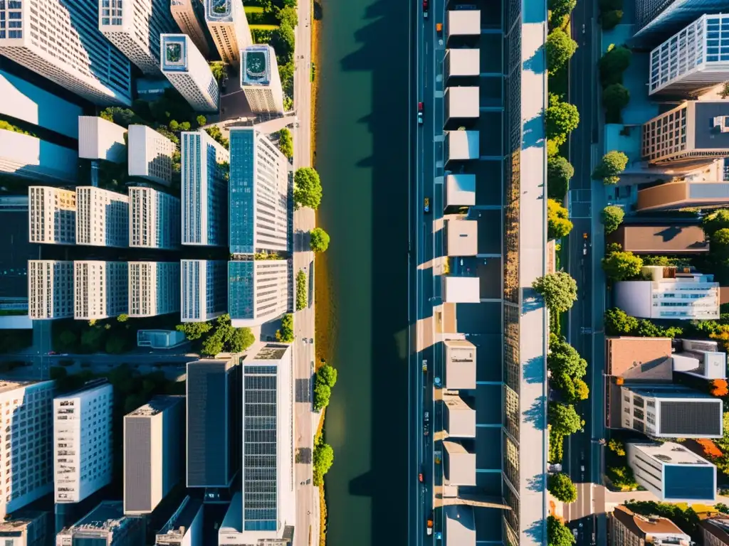 Vista aérea de una ciudad desde un dron, destacando arquitectura urbana y juego de luces