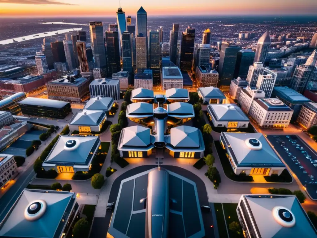 Vista aérea de la ciudad con drones capturando detalles arquitectónicos al atardecer, representando los derechos de autor en la era de los drones