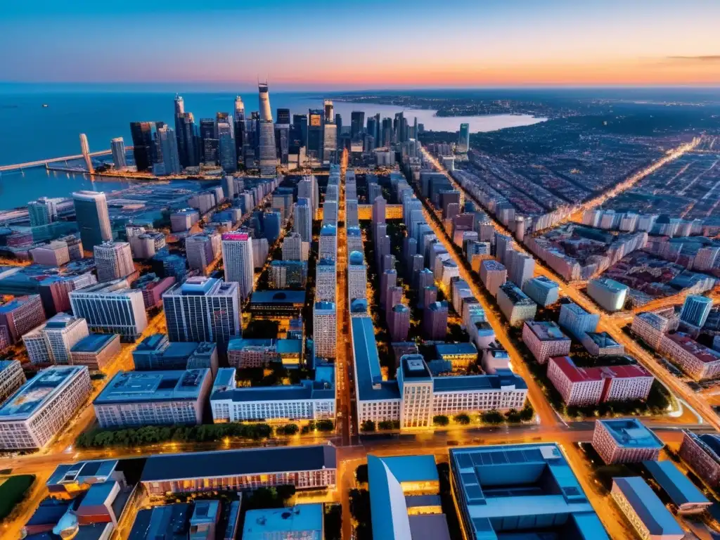 Vista aérea de una ciudad al anochecer, destacando luces y paisaje urbano